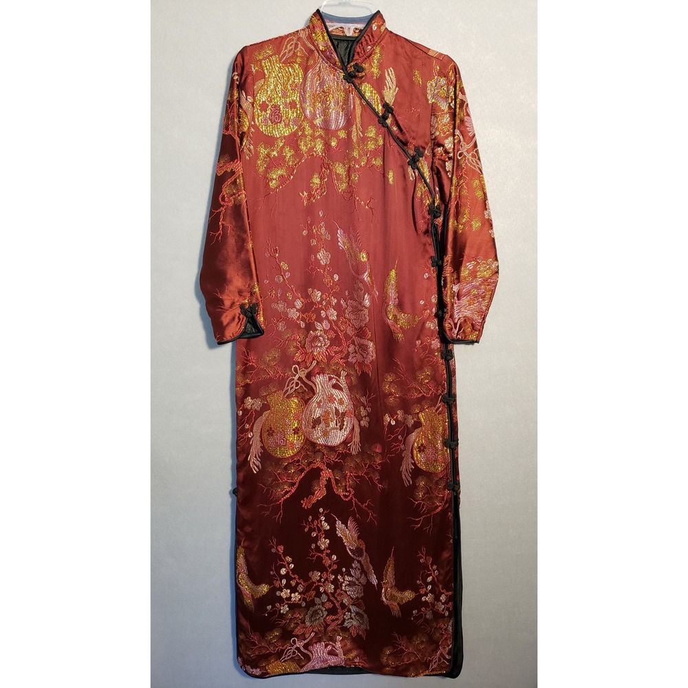 VTG Womens M Cheongsam Qipao Burnt Red Gold Brocade Phoenix Maxi Dress Floral